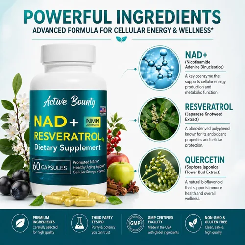 Vista 3 de Suplemento de resveratrol NAD+ con quercetina – Alternativa NMN para apoyo de energía celular, concentración y envejecimiento saludable – Fórmula