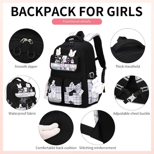 Vista 4 de Linda mochila para niñas, mochila escolar para niñas, mochila para niños y escuela primaria, Negro -, Grande, Mochila para niñas