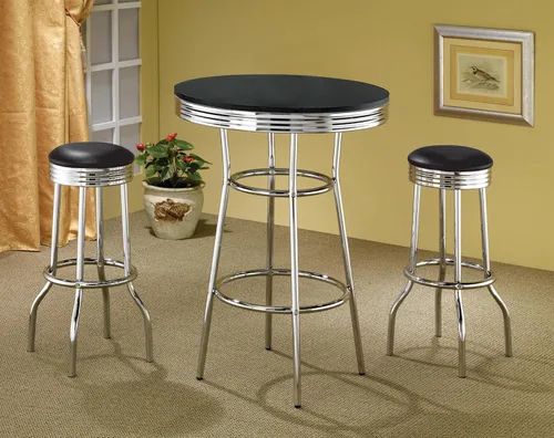Vista 2 de Coaster Home Furnishings - Retro años 50 - Juego de bar de 3 piezas - Metal y laminado - Mesa redonda, taburetes de bar giratorios, patas cromadas