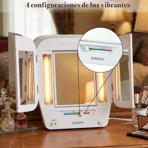 Vista 2 de Jerdon JGL10 W Euro Espejo de 3 paneles iluminado con aumento de 5X, 4 configuraciones de luces, acabado blanco Diseño moderno de tres pliegues