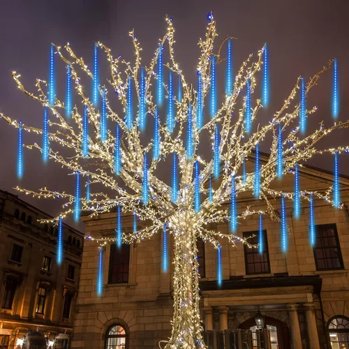 Vista 7 de Joiedomi Paquete de 2 540 luces LED de lluvia de meteoritos de Navidad, 19.8 pulgadas, 10 tubos de luces azules de gota de lluvia para exteriores