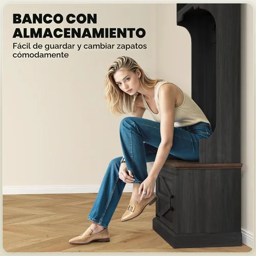 Vista 5 de HOMCOM Árbol de pasillo con almacenamiento de zapatos, perchero de entrada Grano de madera negro
