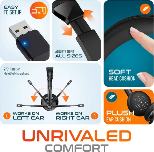 Vista 6 de Delton Auriculares Bluetooth 35X para computadora con micrófono de cancelación de ruido, base de carga rápida, acoplamiento automático USB Dongle
