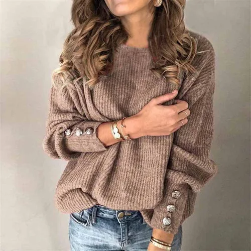 Vista 2 de Suéteres para mujer sudadera de manga larga lindo cómodo color sólido cuello redondo camisetas cortas