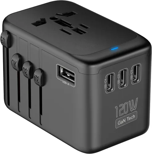 Vista 12 de JMFONE Adaptador de viaje universal con GaN 100W, adaptador de enchufe de corriente internacional de 5 puertos [4*USB C+1*USB A] y múltiples tomas
