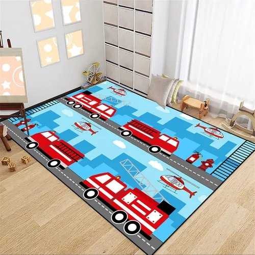 Vista 10 de Alfombra de construcción – Alfombras de construcción para habitación de niños, divertido diseño de camión de dibujos animados, alfombra de coche