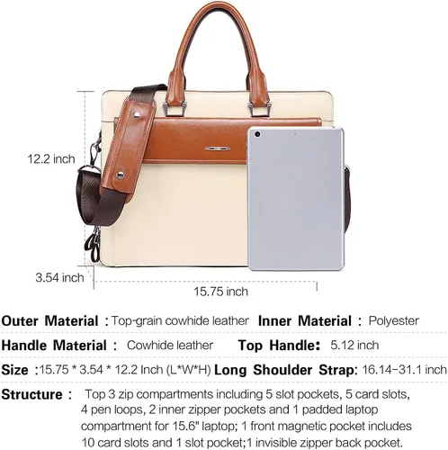 Vista 4 de CLUCI Maletines de cuero de cera de aceite para mujer, delgado, grande, para negocios, 15.6 pulgadas, bolsa de hombro vintage para hombre
