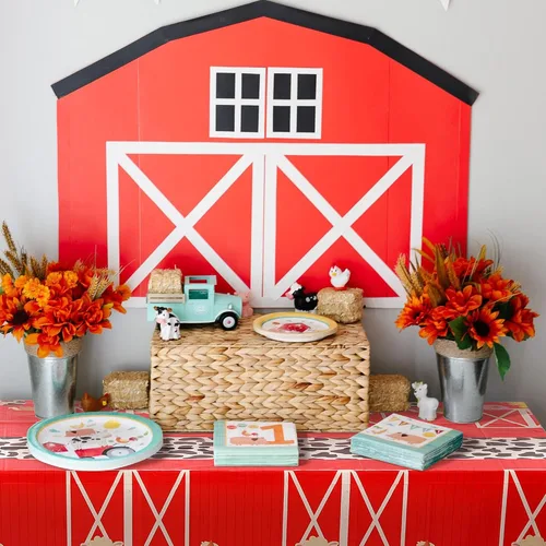 Vista 3 de Mantel de plástico desechable de granja para picnic, baby shower, cumpleaños, corral, granja, temática de animales, suministros de decoración
