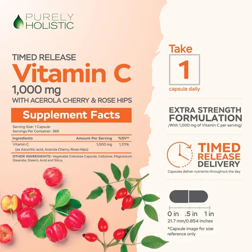 Vista 9 de Purely Holistic Vitamina C 1000 mg + curcumina de cúrcuma orgánica de 700 mg y bioperina - 365 + 120 cápsulas - Paquete vegano - con rosa mosqueta