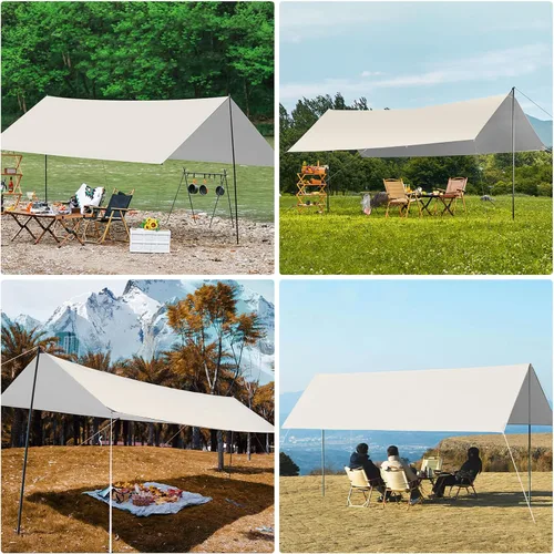 Vista 6 de SHANQUAN Lona de camping con postes de 10 x 13 pies, impermeable y con protección UV, hamaca ligera para refugio de lluvia, mosca, refugio solar