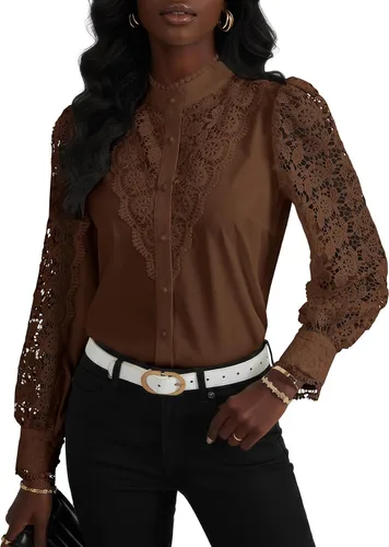 Vista 2 de Rooscier Blusa Elegante de Encaje de Crochet con Cuello Alto Simulado de Manga Larga con Botones para Mujer Top