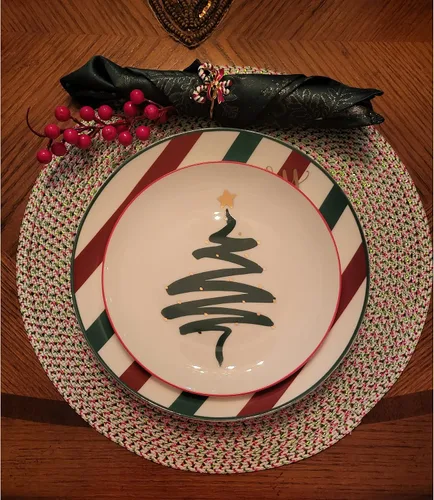 Vista 7 de Platos de Cena de Navidad de China Ósea - Platos de Postre - Platos de Ensalada Juego de 4, Apto para Lavavajillas (Rayado, 20.3 cm)