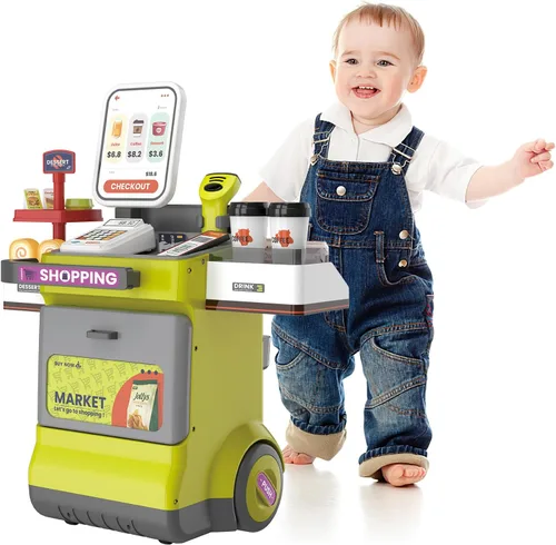 Vista 7 de deAO Juego de caja registradora para niños, 48 piezas de supermercado, juego de simulación de caja registradora con escáner, juego de alimentos