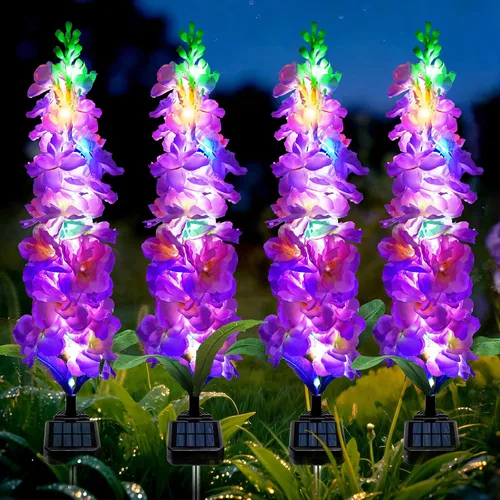 Vista 9 de MRHEPHAESTUS Luces solares de jardín, flores de delfinio 2 unidades 40 LEDs, luces impermeables para exteriores, dos modos de iluminación