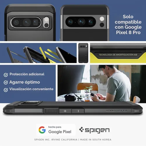 Vista 2 de Spigen Tough Armor diseñada para Pixel 8 Pro Case (2023) [Soporte de apoyo] [Protección de grado militar] - Negro