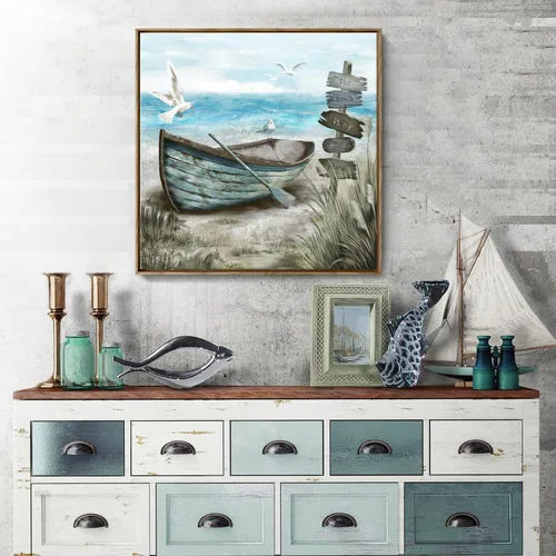 Vista 27 de Arte de pared para baño, decoración costera, barco náutico en la playa, lienzo con imagen de gaviota del océano, paisaje marino, arte de granja