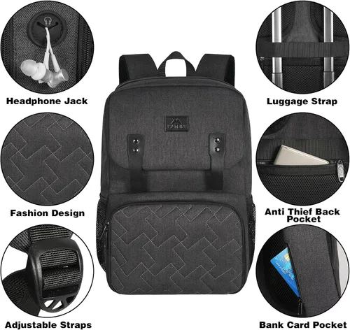 Vista 6 de Mochila de almuerzo para mujer, mochila térmica para computadora portátil con puerto de carga USB, bolsa impermeable para computadora de viaje