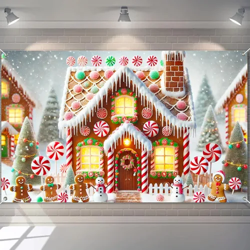 Vista 23 de BlissYard Telón de fondo de tren de Papá Noel, 71 x 43 pulgadas, pancarta de escena de Navidad de pan de jengibre, fondo de fotos para fiestas