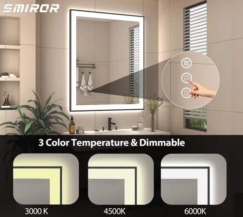 Vista 3 de SMIROR - Espejos LED de 32x36 para pared de baño, espejos modernos de tocador con luces, borde negro, regulable, antiempañamiento, memoria