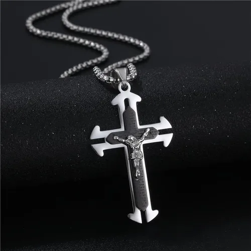 Vista 3 de Collar con colgante de cruz de oración del Señor de acero inoxidable con crucifijo de Jesucristo y versículo bíblico para hombresniñosmujeres
