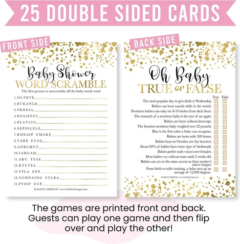 Vista 3 de Hadley Designs Juegos de baby shower para 25 invitados – Juego de baby shower de puntos dorados para baby shower, verdadero o falso, juego de baby