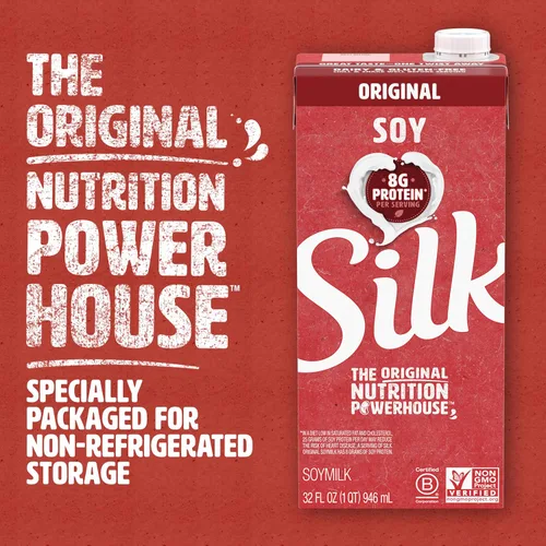 Vista 5 de Silk Leche de soja estable, original, sin lácteos, vegana, verificada por proyecto sin OMG, 1 cuarto de galón (paquete de 6)