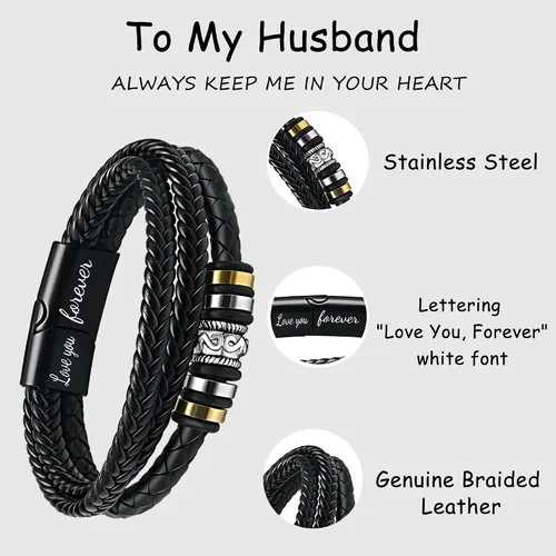 Vista 4 de Pulsera de cuero negro para hombre con correa de piel negra para hombre