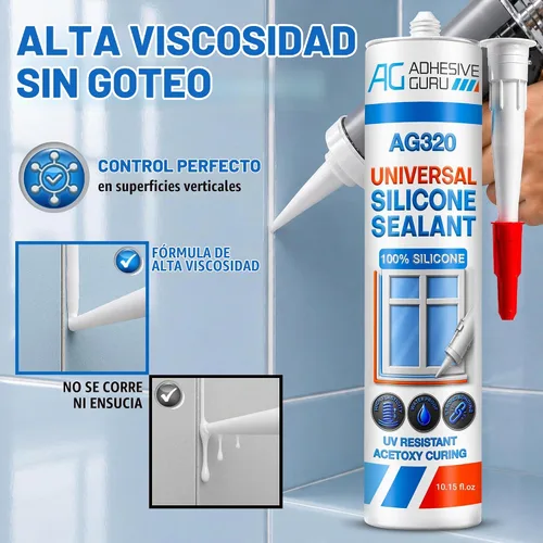 Vista 4 de Adhesive Guru Sellador de Silicona Transparente Multiusos Impermeable 10.15 fl.oz (onzas líquidas), Masilla de Silicona 100%, Sellador Adhesivo