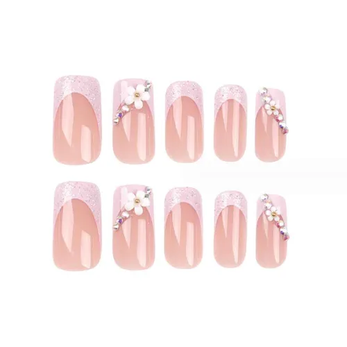 Vista 4 de Foccna - Uñas postizas 3D con flores, cuadradas, rosas, francesas, brillantes, con strass, largas, para manicura, 24 piezas