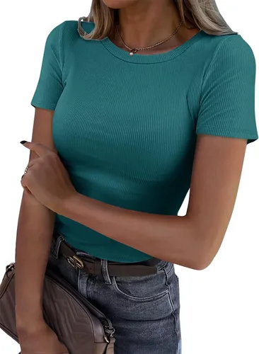 Vista 16 de Roselux - Camiseta ajustada de manga corta con cuello redondo de canalé, camiseta básica de punto. Beige