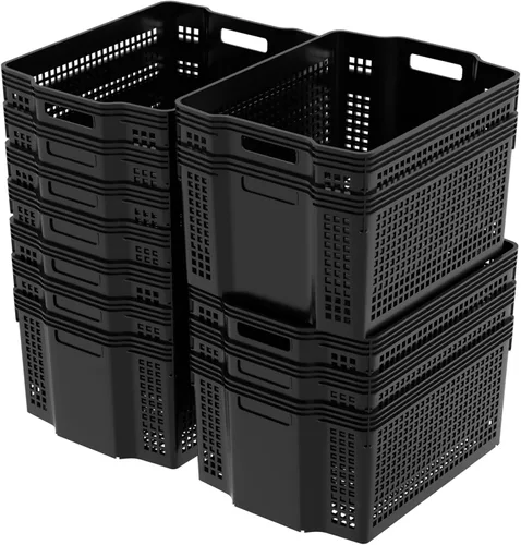 Vista 4 de Vababa Paquete de 12 cestas de almacenamiento grandes, apilables, rectangulares, de plástico, color negro Plastic Material, Cut-Out Carry Handles