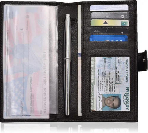 Vista 6 de Fundas de cuero RFID hechas a mano para hombres y mujeres con 6 tarjetas de crédito y 1 ranura para identificación y soporte para bolígrafo