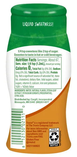 Vista 3 de Truvia Edulcorante líquido de stevia, caramelo, botella de 2.7 onzas líquidas Caramel flavor; water, stevia & natural flavor; 67 servings; 1/4 tsp