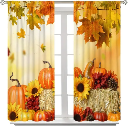 Vista 3 de Cortinas rústicas de calabazas de otoño, girasoles de otoño, cosecha de Acción de Gracias, granja, romántica, otoño, dormitorio, sala de estar