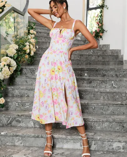 Vista 4 de Vestido midi floral con corsé, bohemio, con abertura fluida, con cordones, para mujer, para salir, acampanado, vestido casual