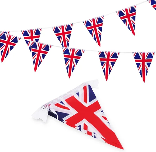 Vista 9 de Bandera de lona de 12 pies de largo con 12 banderas triangulares, banderines británicos, decoración de fiesta, bandera patriótica británica