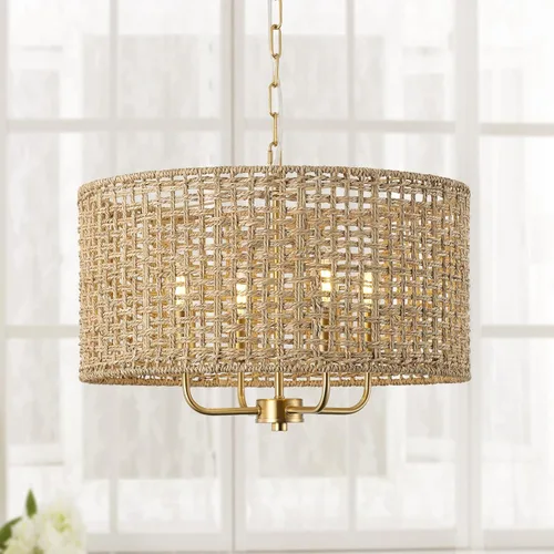 Vista 12 de Lámpara de araña de ratán bohemio de 20 pulgadas para comedor, 5 luces tejidas a mano de ratán natural con cadena ajustable, enchufes E12