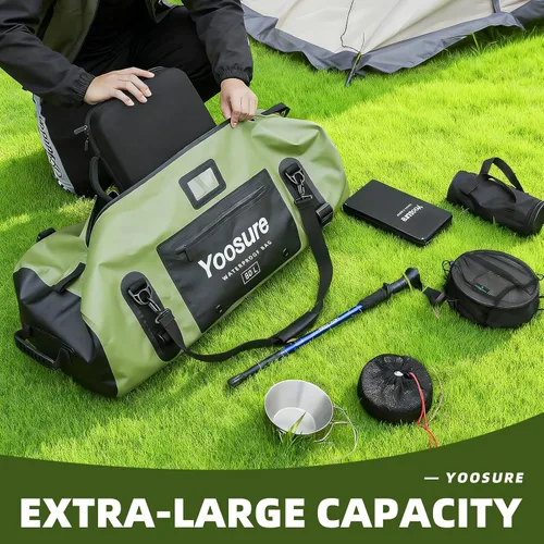 Vista 7 de Bolsa de lona impermeable de 80 Lt, mochila seca para motocicleta, bolsas impermeables con cremallera y almohadilla espaciadora para kayak, rafting