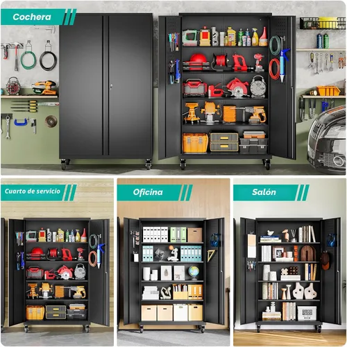 Vista 6 de SISESOL Gabinete de almacenamiento de metal ancho y profundo con ruedas, gabinete de almacenamiento de garaje alto rodante con cerradura, gabinetes