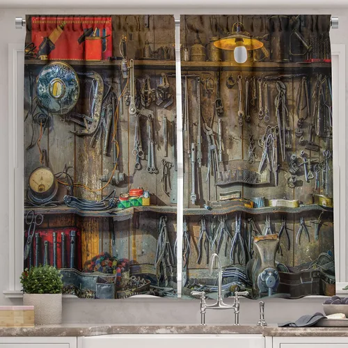 Vista 8 de Ambesonne Cortinas rústicas de cocina, recetas temáticas de verduras para chef, tablones de madera rústica, imagen de arte, cortinas de ventana