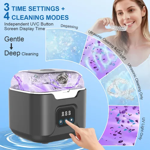 Vista 5 de Ultrasonic Retainer Cleaner Machine, 48kHz Ultrasonic Dentures Cleaner with Timer & 4 Modes, 240ML Dental Pod for Mouth Guards, Braces, Aligner