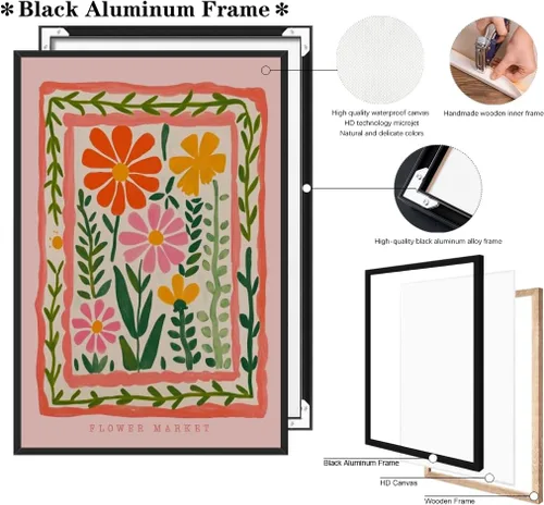 Vista 2 de Arte de pared de flores silvestres rosas, póster retro de mercado de flores, impresión botánica colorida de moda, arte popular, ilustración floral