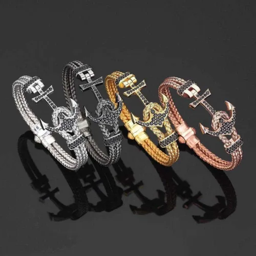 Vista 6 de Brazalete de ancla para hombre con ancla de acero inoxidable y correa de piel negra BCB-0125