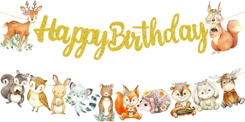 Vista 2 de Cartel de feliz cumpleaños de animales del bosque, decoraciones de criaturas del bosque, 2 piezas de pancartas recortadas de animales del bosque