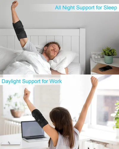 Vista 4 de Codera con 2 férula de metal extraíbles para dormir, soporte de túnel cubital ajustable con manga de compresión para codo de tenis, soporte