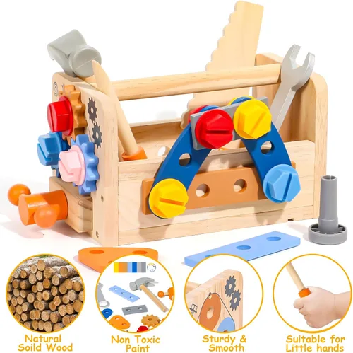 Vista 5 de TONZE Juego de herramientas para niños con delantal, caja de banco de herramientas de madera para niños pequeños, juguetes Montessori para niños