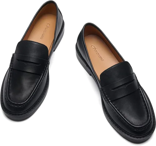 Vista 13 de C.Paravano Mocasines Penny de cuero genuino para mujer, mocasines planos Negro
