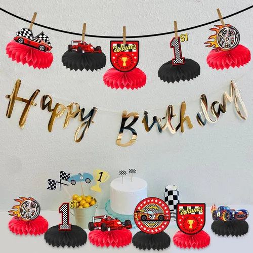 Vista 5 de 9 piezas de centros de mesa de nido de abeja de carreras con temática de cumpleaños, centro de mesa de superauto, decoración de mesa, regalos