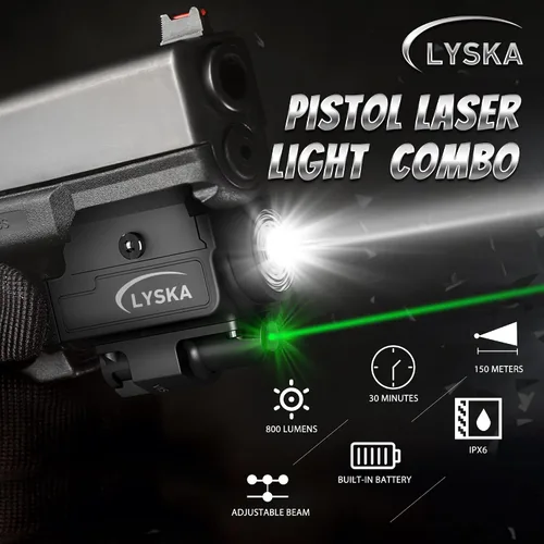 Vista 2 de Combo de luz y haz verde de pistola de 800 lúmenes para riel Picatinny, linterna LED compacta recargable con función estroboscópica