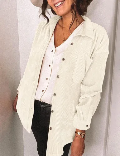 Vista 3 de Saslax Camisa de pana para mujer, de manga larga, con botones, cuello en V, holgada, chaqueta